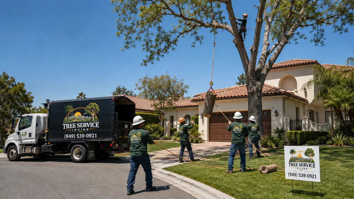 Controlled tree removal in Irvine, CA with a rigged trunk section and ground crew