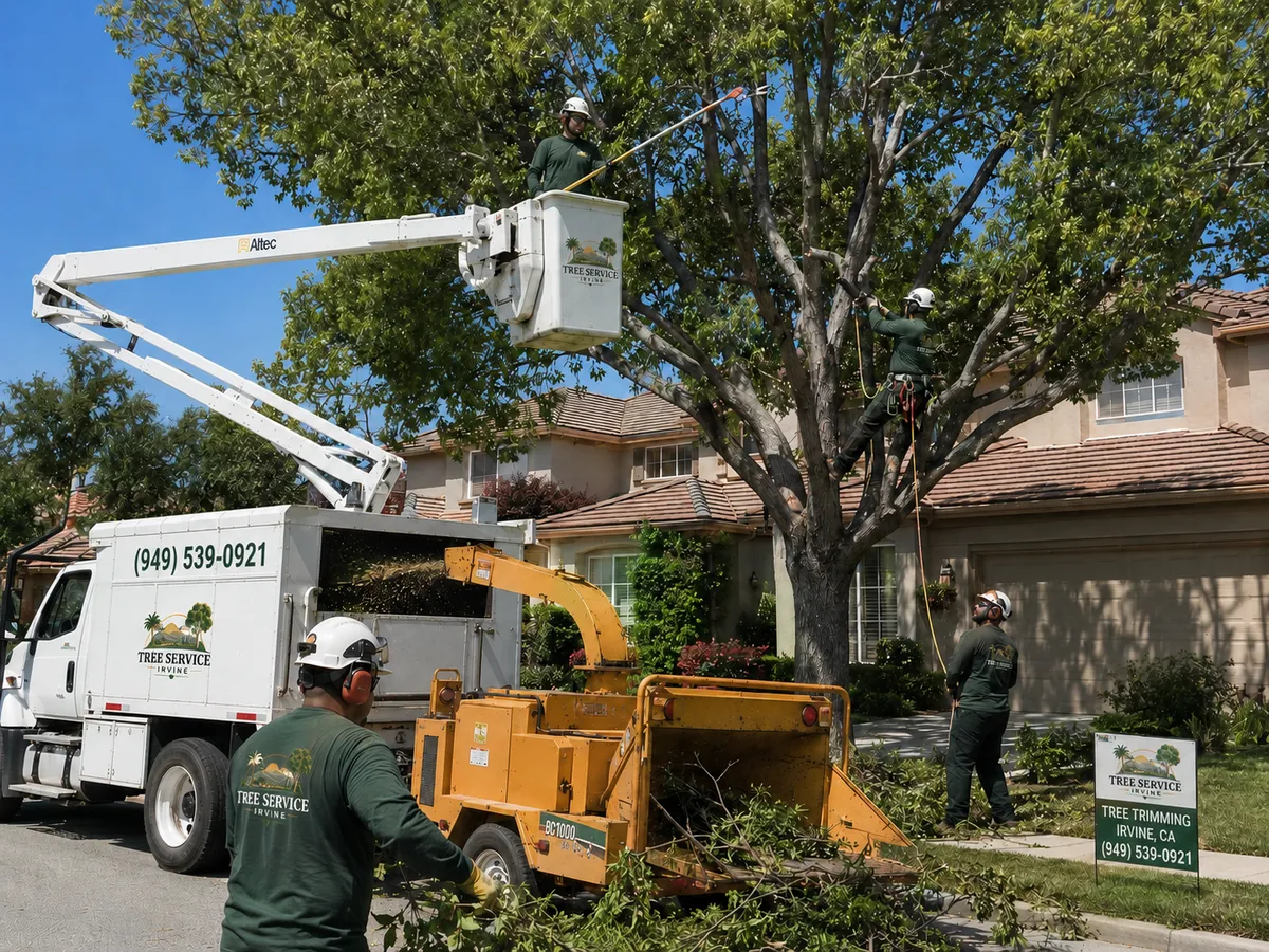 Professional tree trimming in Irvine, CA using a bucket truck and arborist crew